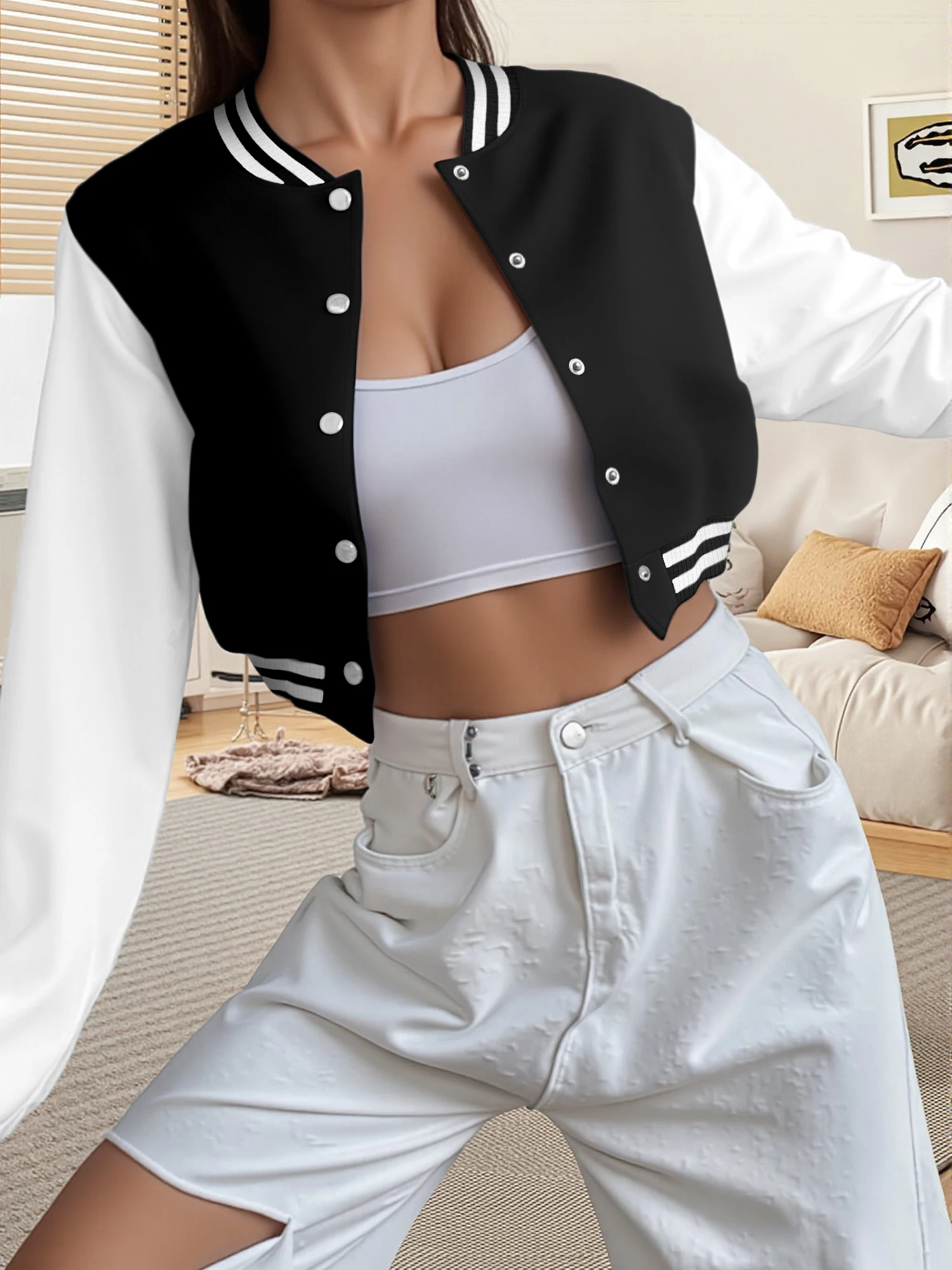 

Minimalist Cropped Varsity Jacket Women's Slim Fit Casual Coat Color Block Button Up for Office & Weekend All Match