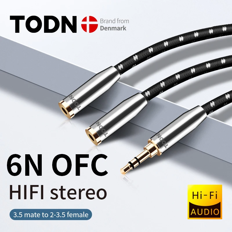 Todn Audio Splitter Headphone Adapter high end hifi 3.5mm AUX Cable for Computer 1 male to 2 famale Y Splitter Headset to PC Ada