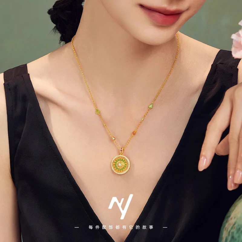 Briex Jewelry Luxury 24K 9999 Pure Gold real gold Women's Enamel Smart Rotating Pendant Diamond Gourd Compasses Necklace