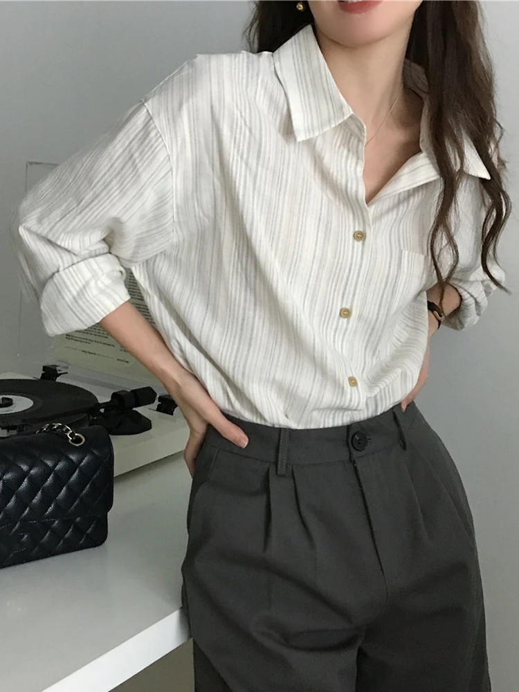 Colorfaith BL9736 New 2023  Lady Shirts Striped Vintage Korean Fashion Elegant Women Spring Summer Office Blouses Chic Wild Tops