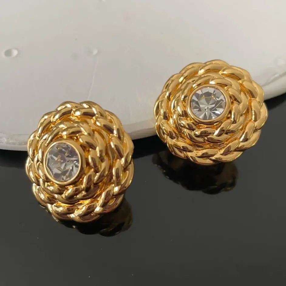 

Vintage Jewelry Designer Brand Crystal Gold Round Earring Ear Clip Women Top Quality Trend