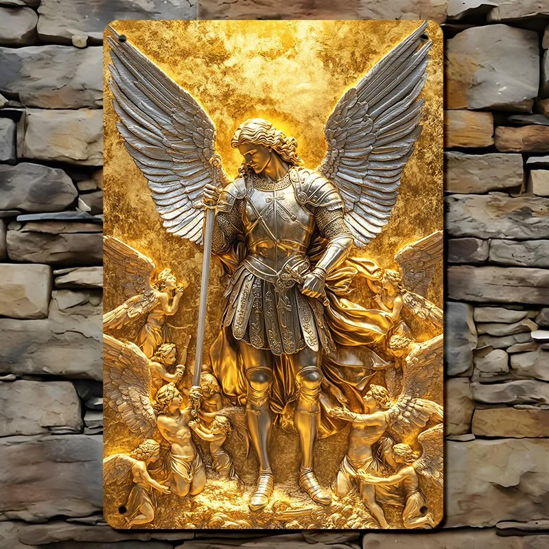 

Art Deco St. Michael Archangel Metal Wall Art, Pre-Drilled Vintage Plaque with Golden Background, Detailed Armor & Wings Design