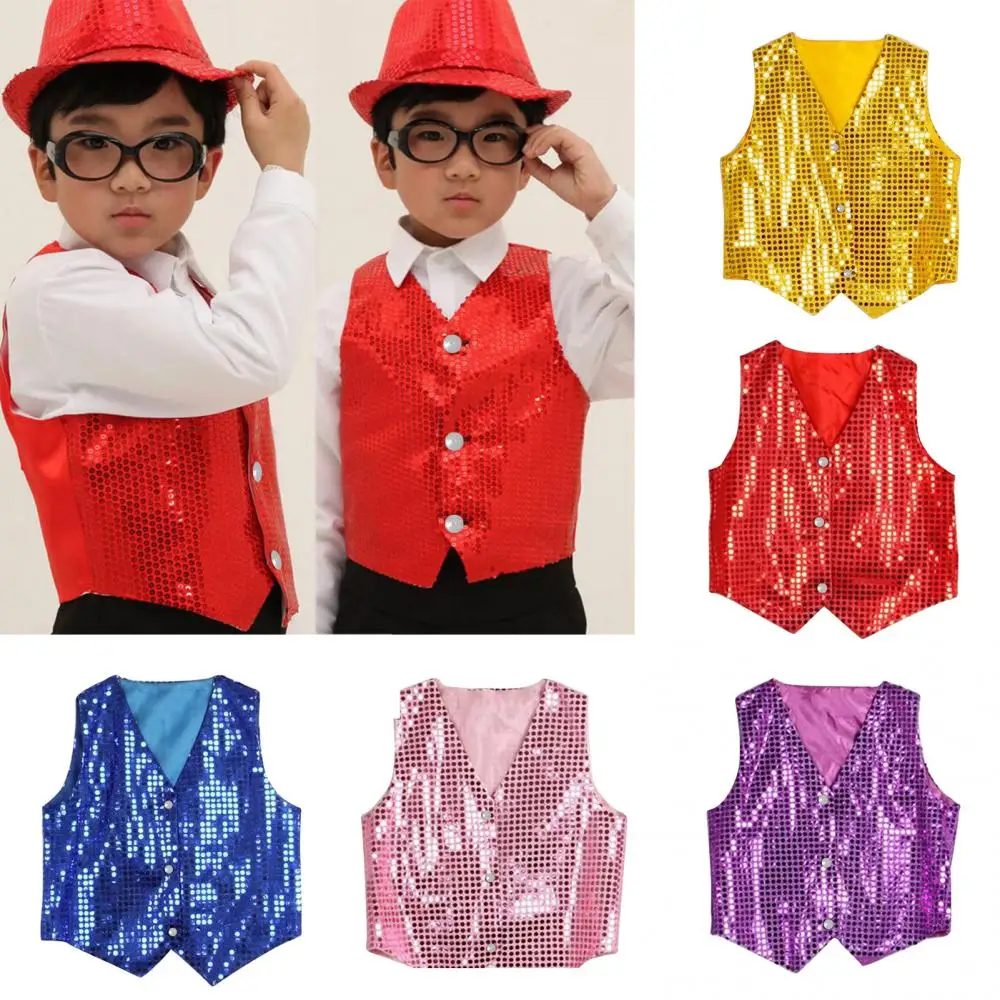 Glanzend Vest Met Pailletten Kids Jongens Studenten Vest Kindertoneelkostuums Hiphop Jazz-Podium Dansvest Kinderkleding