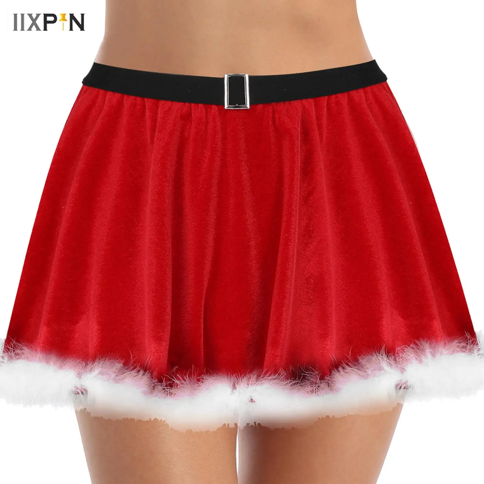 

Womens Christmas Skirt Red Velvet Feather Trimming Skirt Xmas Party New Year Costume Elastic Waistband Ruffled Miniskirt