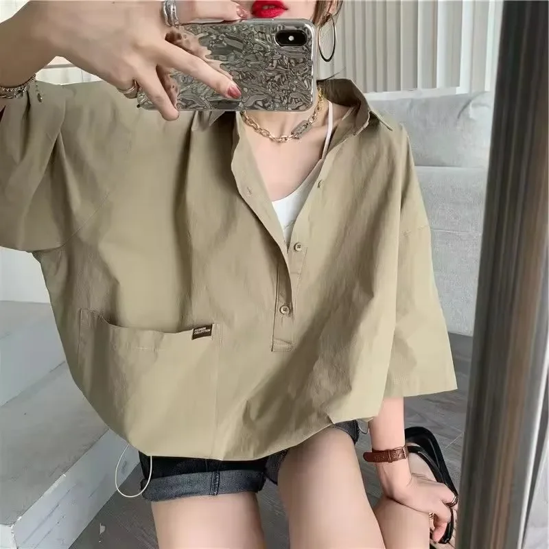

Pop Pop 2025 Summer Fashion Casual Shirt Women's Short Sleeve Polo Neck Versatile Blouse Drawstring Thin Tops
