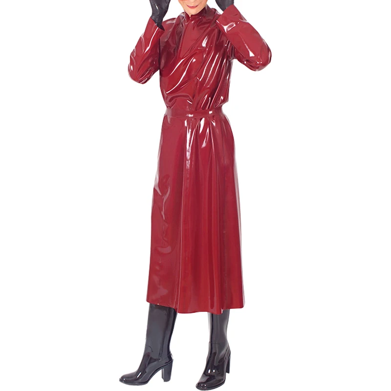 Red Sexy Latex Coat With Belt And Buttons At Back Rubber Nightgown Nightdress Jacket Robe Calf Length YF-0411