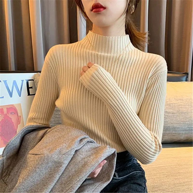 

Knitted Sweater Women Pullovers New Long Sleeve Mock Neck White Knit Sweater Pullover Women Tops Sweaters Sueters De Mujer Q1189