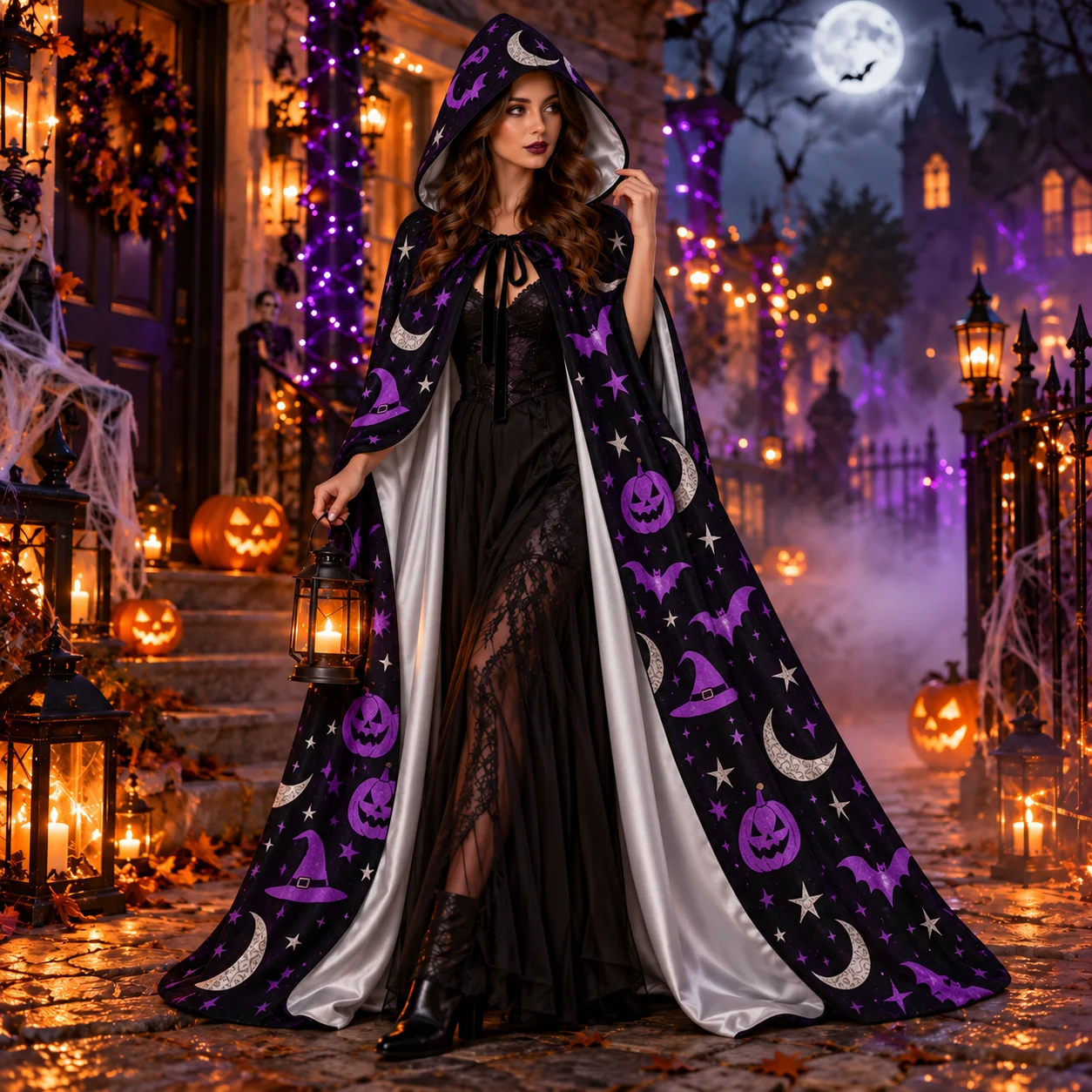 Halloween Hooded Cloak Witch Cape Adult Costume Purple Black Printed Cape for Party Magic Stage Performance Film Theater Cosplay - view 6