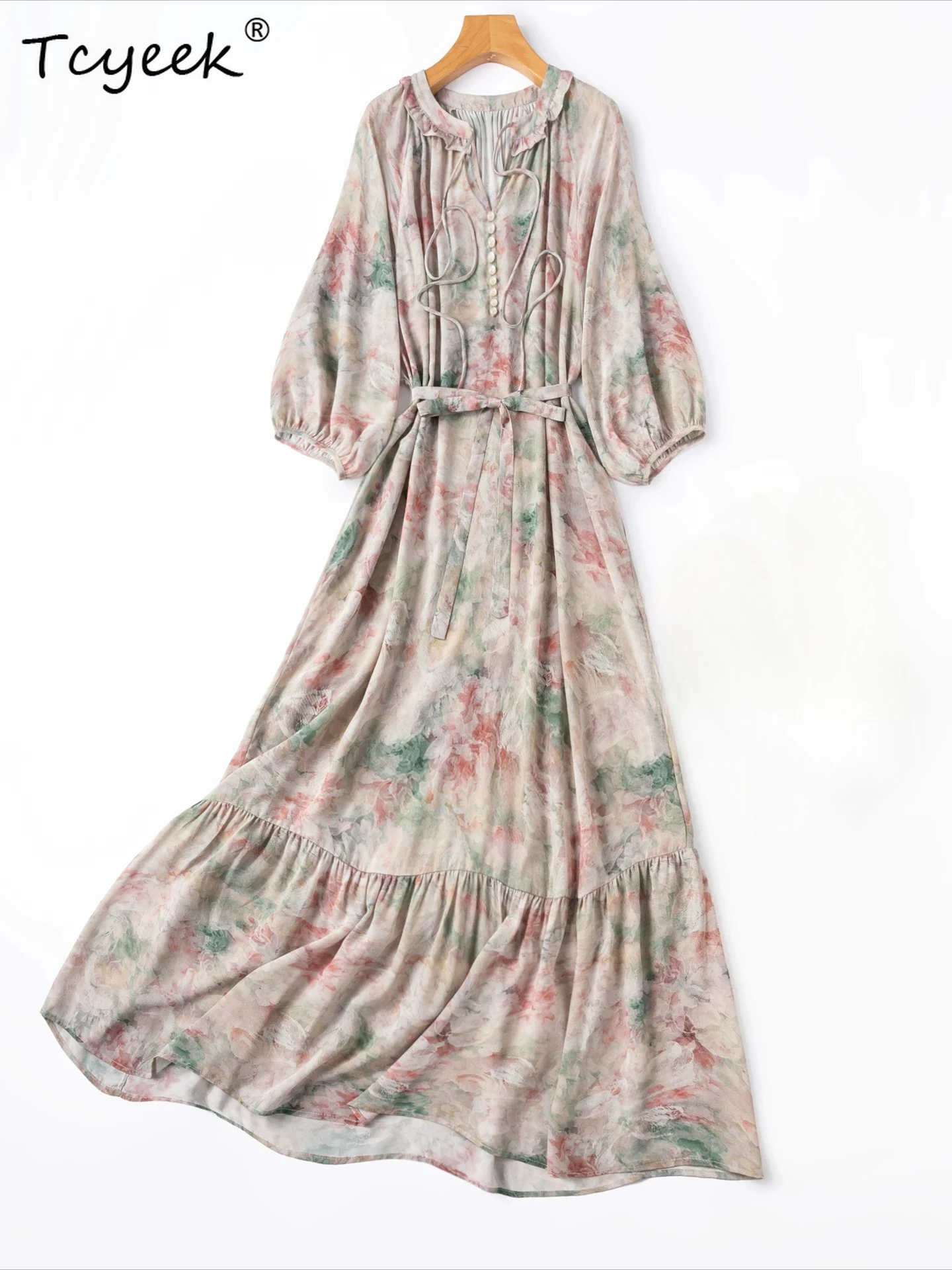Tcyeek Strandkleid aus 100 % natürlicher Seide für Damen, elegante Damenkleider 2026, modische Sommerkleidung mit Schnürung, Rüschen, Платье Женское