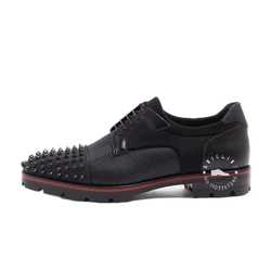 Black Studded Round Toe Sneakers Designer Luxury Style Casual Shoes Punk Rivet Black Red Leather Splicing Lace Up Shoes for Men