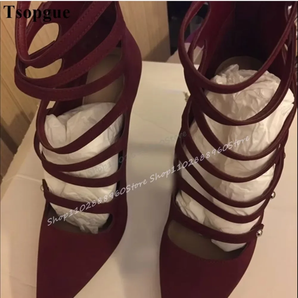 

Elegant Dark Red Strappy Pumps Stilettos High Heel Shoes For Women Back Zipper Pointed Toe Casual Gorgeous Fashion Women Pumps