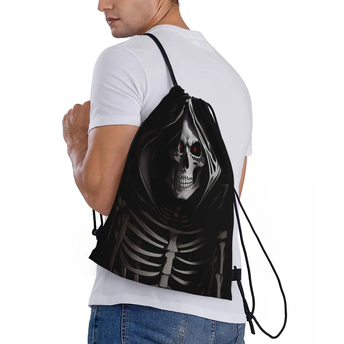 A Creepy Halloween Skeleton Skull Backpacks Casual Drawstring Bags Shoes Bag Book Bags for Travel School