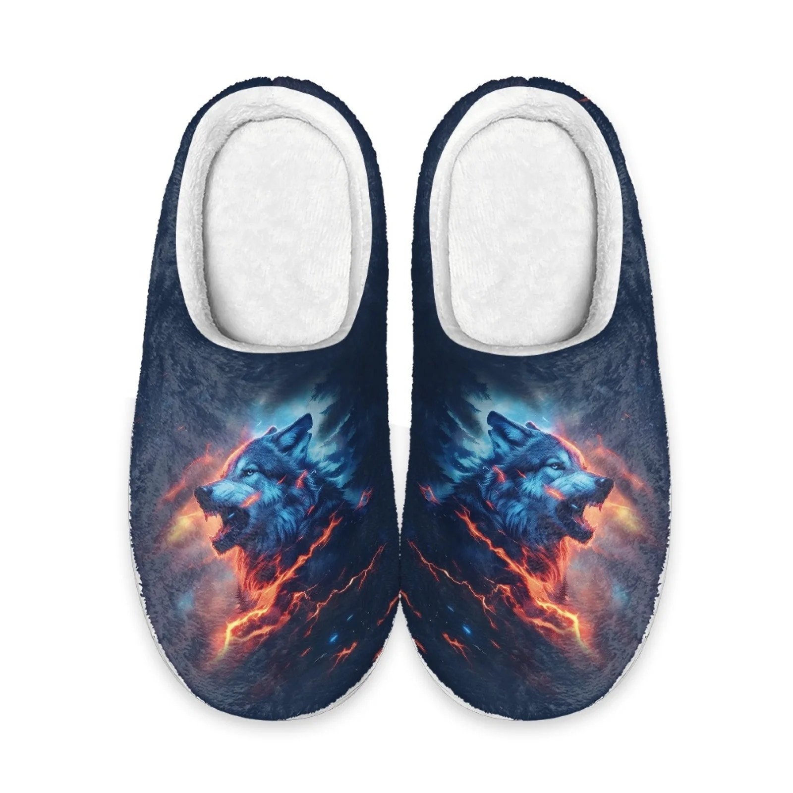 PENSTROLL Fire Wolf Pattern Large Size Fuzzy House Shoes Women Heavy Duty Warm Indoor Slippers Fleece Slippers for Bedroom