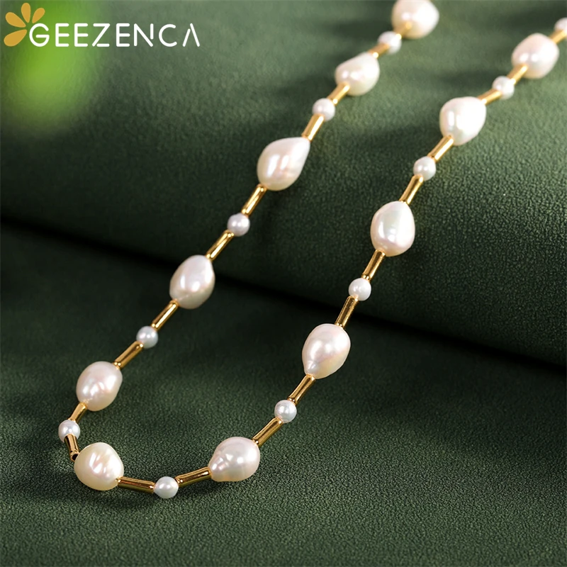 GEEZENCA Natural Baroque Pearl Beads 925 Silver 40cm Chokers Necklace For Women Luxury Trendy 18K Gold Necklaces 2023 New Gift