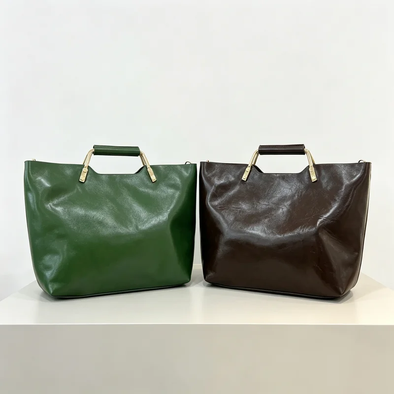 Retro Solid Color Simple Basket Shoulder Bag High-end Luxury Large Capacity PU Bucket Bag Fashion Top Metal Handle Handbag