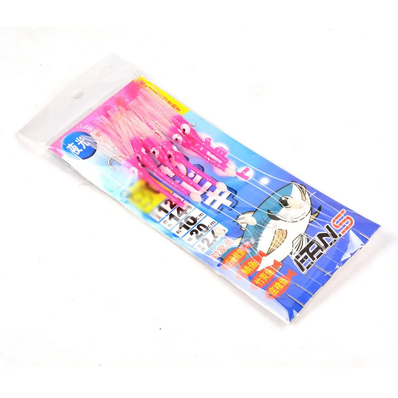 6-Hooks Luminous Octopus Mackerel Feathers Sabiki Bait Rigs with String Lures Fishing Squid Marathon Rigs Glow Fishing Lure Set