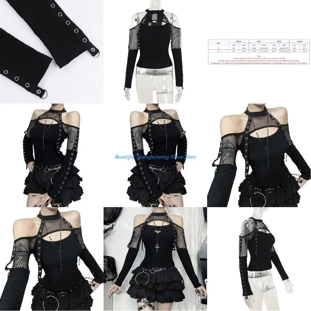 

E56A Dark Gothic Punk Women's Blouse with Cold Shoulder Shirt for Club