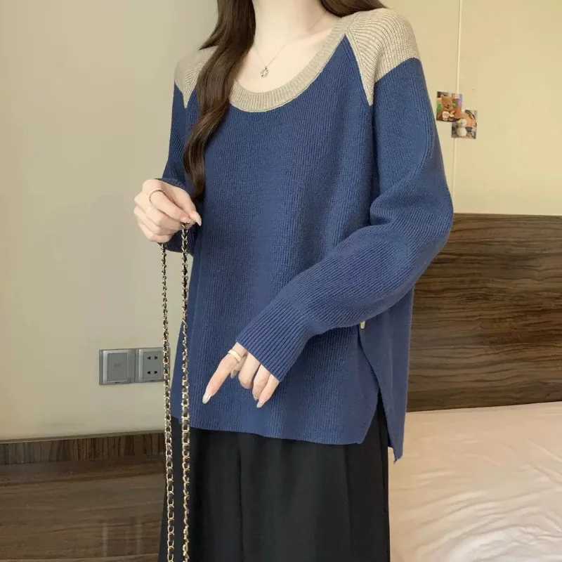 سترة محبوكة ذات ألوان مستشعرة للتصميم للنساء في الخريف والشتاء، بلوزة محبوكة فضفاضة للتخسيس وتقليل العمر