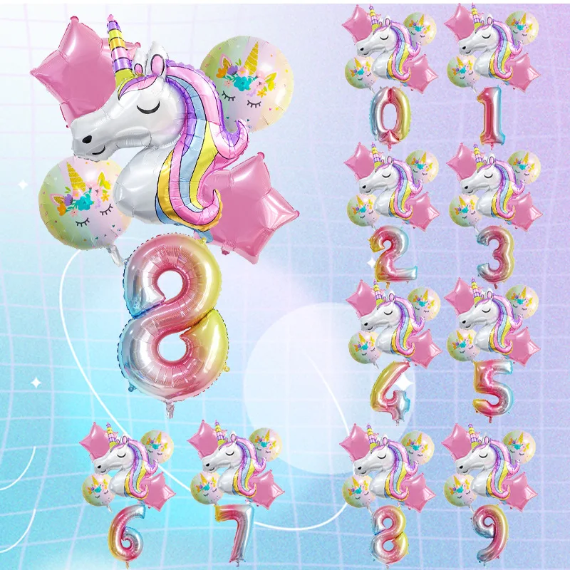 1Set Rainbow Unicorn Balloon 32 Inch Number Foil Balloons 1st Kids Unicorn Theme Birthday Party Decorations Baby Shower Globos