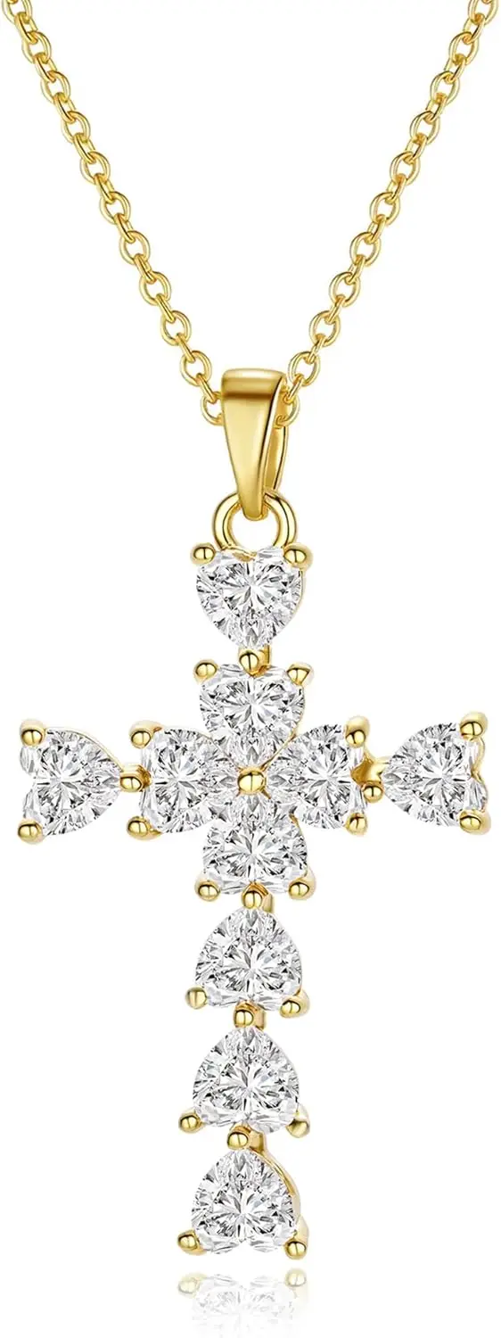 Collar con Cruz para Mujer, Chapado en Oro de 14K, con Circonita Cúbica, Joyería Cristiana, Regalos para Bautizo y Primera Comunión