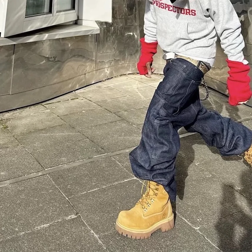 ハイストリートオリジナルカラーワイドレッグブルーバギージーンズ メンズ ストレートルーズポケットカジュアルデニムパンツ オーバーサイズカーゴトラウザーズ