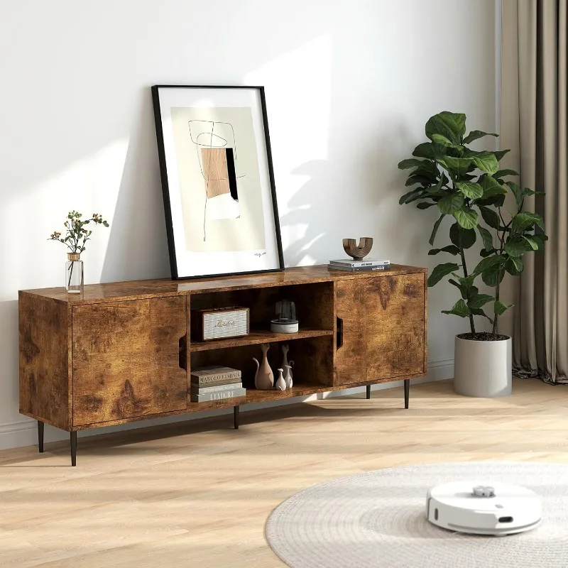 Modern TV Stand with 3AC Outlets, Farmhouse Television Stands for 70 75 80 Inch TVs - Double Cabinet - Adjustable Brackets