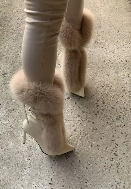 Women‘s black/White Real fur leather sexy boots pointy toe long hair lace up winter warm high quality calf boot big size shoes - view 3