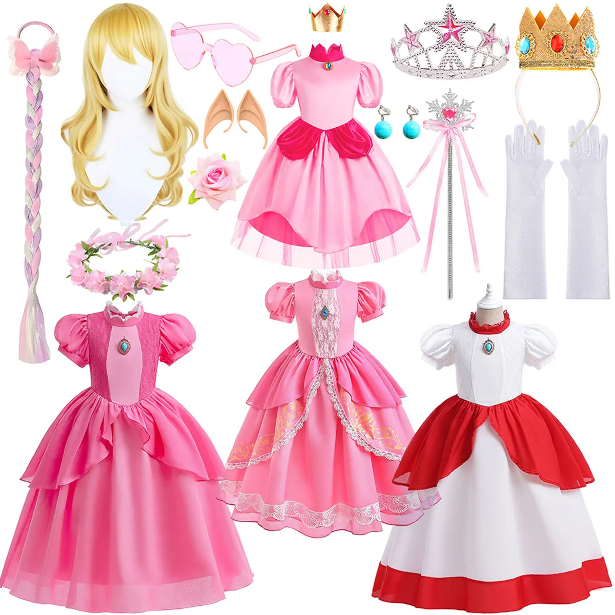 2026 Classic Game Princess Peach Super Bros Cosplay Pink Short Sleeve Cute Halloween Party Disguise Clothing + Accessories Set