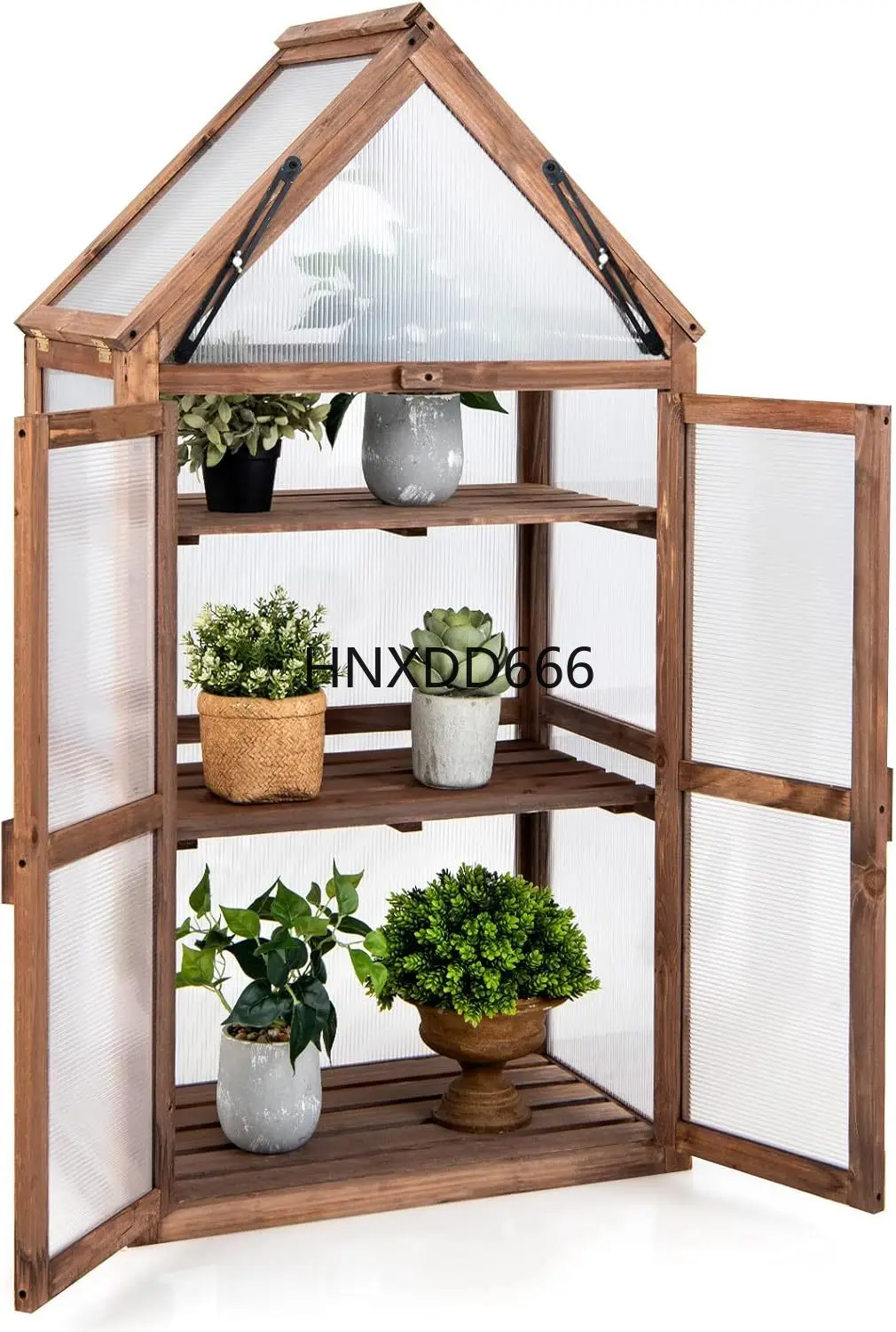 

Cold Frame Greenhouse, Mini Wooden Greenhouse Raised Flower Planter Shelf w/Transparent Openable Roof, Double Doors & 3 Tier