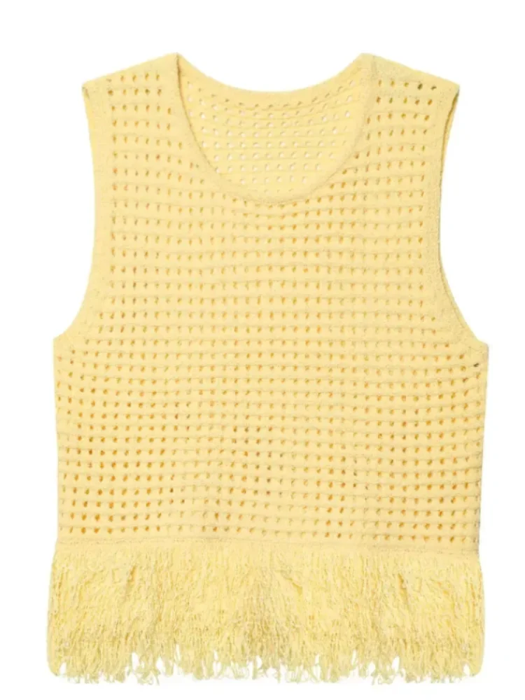 

Women's Fashion Tassels Patchwork Tube Top Round Neck Sleeveless Knitted Short Vest Ladies Chic Summer Tank Tops for 2025