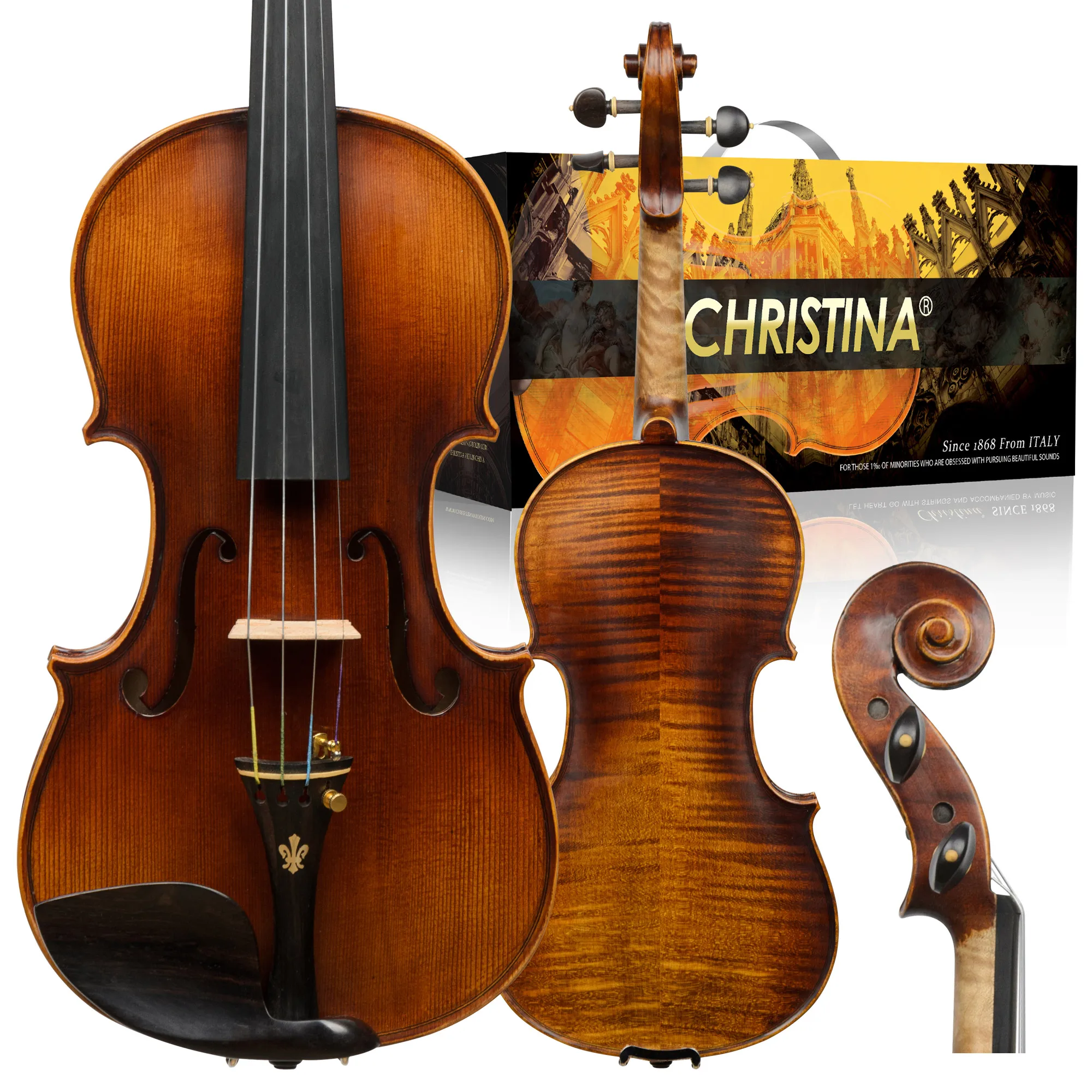 CHRISTINA Purely Handmade Violin V06B Dark Retro Solid Spruce Two-piece Flame Maple Back Ebony Fittings 4/4-1/8 Size Available