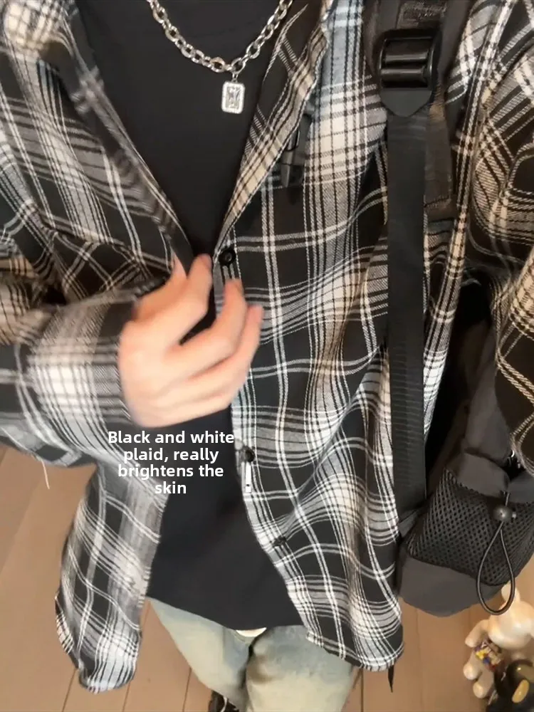Black White Plaid Long Sleeve Men's Shirt American Retro Style Sun Protection Outerwear Casual Loose Fit Youthful Trend