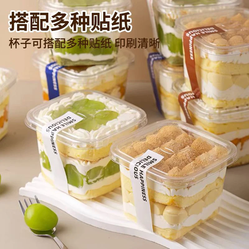 

50 Pcs 400ml Plastic Dessert Cups With Lids Sticker Fork Spoons Clear Square Mousse Cake Containers Pudding Parfait Fruit Yogurt