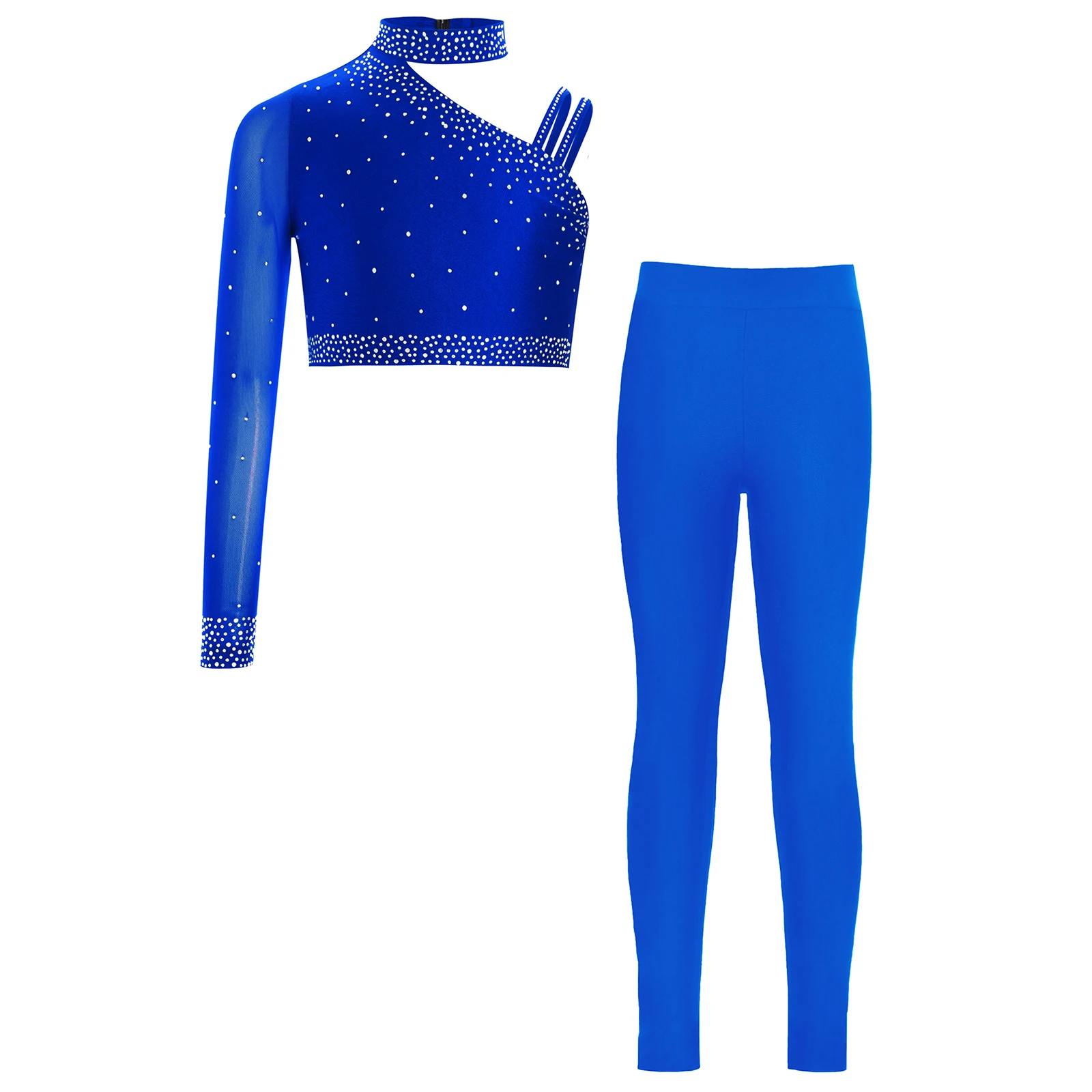 Kids Girls Lyrical Ballet Dance Outfit Sparkly Rhinestones Irregular Shoulder Crop Top + Sheer Mesh Skirt Figure Skating Dress