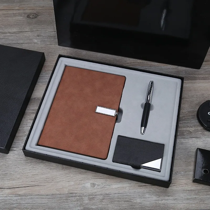 Brown Thread-Bound Glue Business Notebook Gift Set - High-End Meeting A5 Notepad with Metal Signature Pen Office Supplies