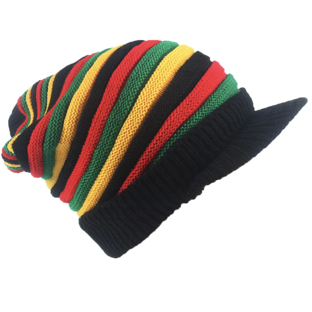 Wool Knit Rasta Hat Reggae Jamaican Cap Colorful Slinky Visor Beanie Hat Slouchy Baggy Cap