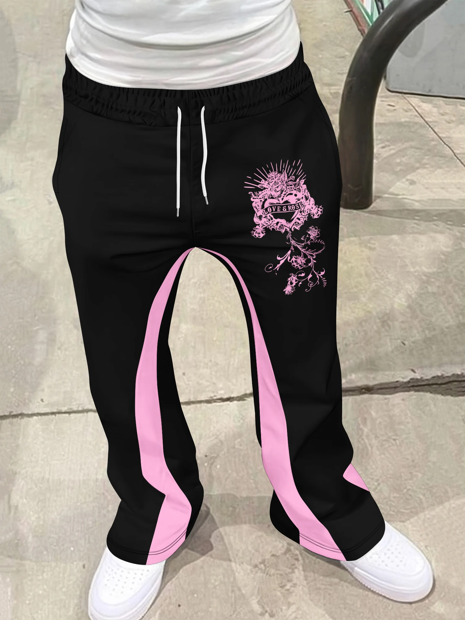 Y2K Gothic Quick Dry Flared Trousers Unisex Lightning Font Print Black White Stripe Spliced Hip Hop Streetwear Long Pants