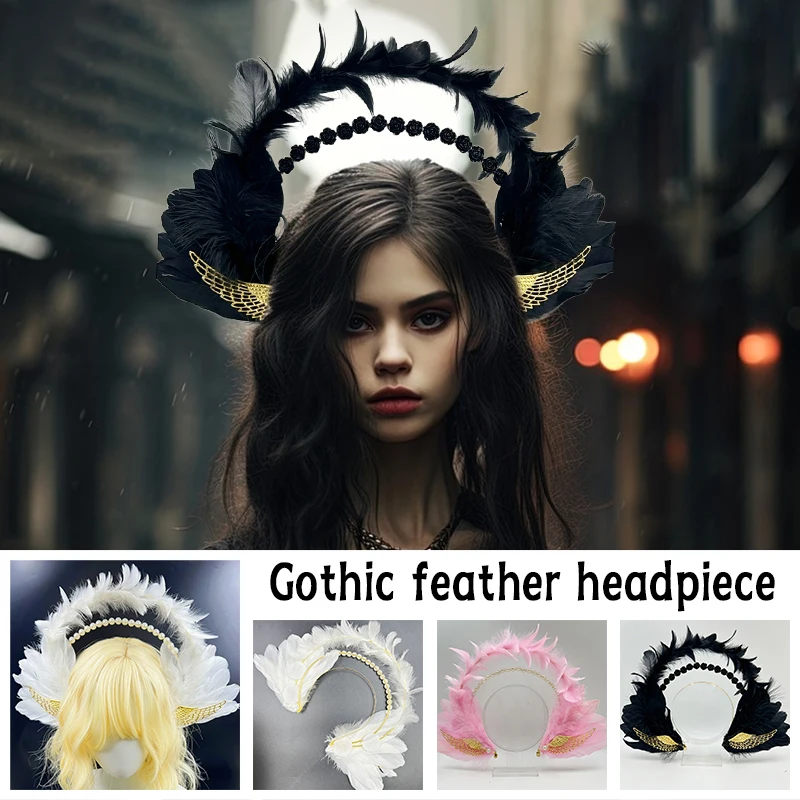 

Mary Feather Wings Halo Cosplay Lolita Angel Feather Tiara Halloween Crown Women Cosplay Costume Headband KC Hair Accessories