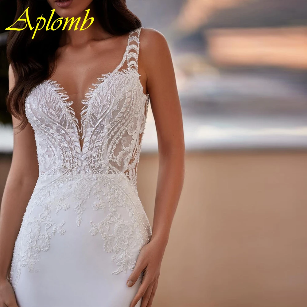 Personalizado boho branco cetim vestido de casamento elegante com decote em v sem mangas vestidos de noiva sonhador sereia tribunal trem novia