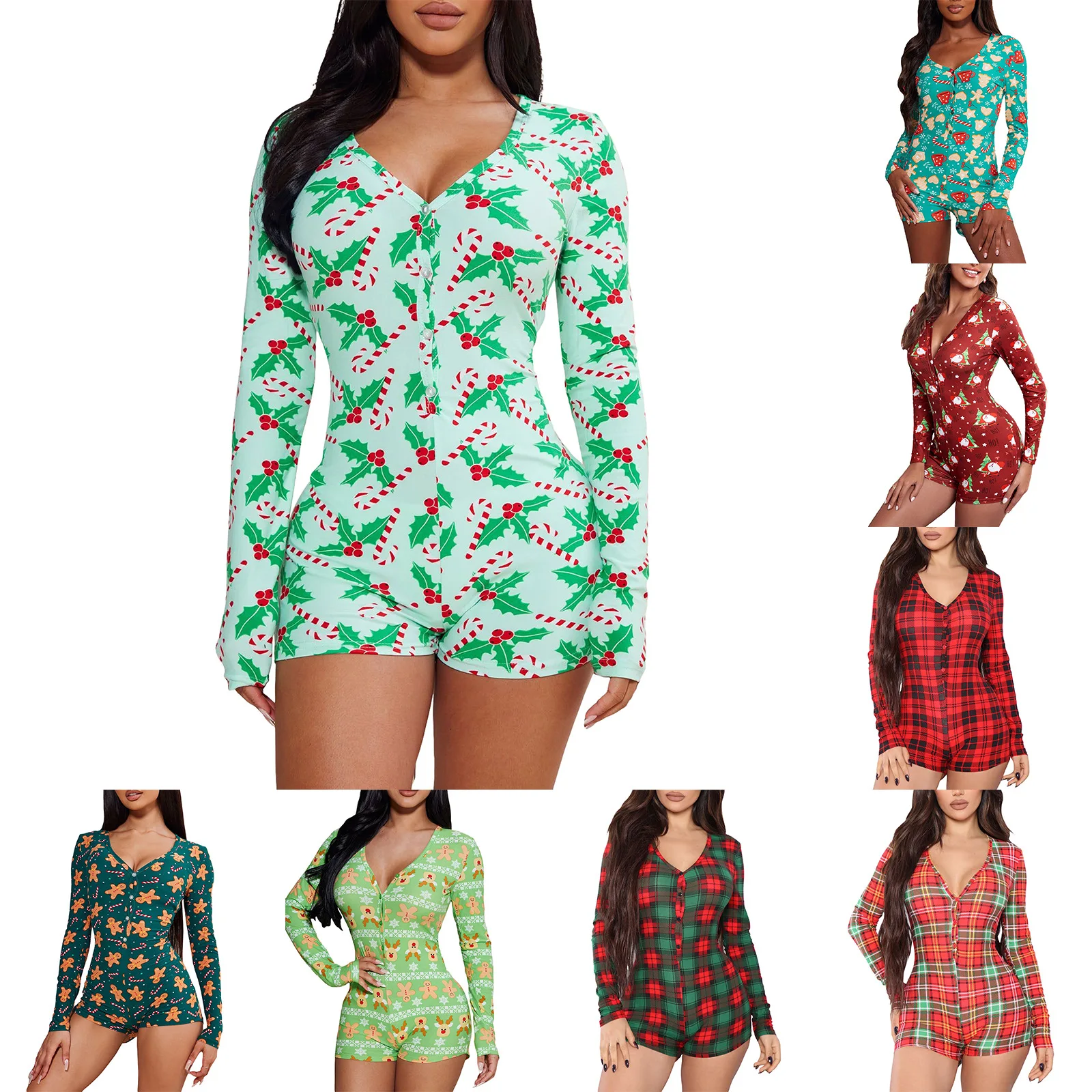 

Women Christmas Print Long Sleeve Romper Sexy Bodycon V Neck Jumpsuit Xmas Holiday Party Home Loungewear Pajamas
