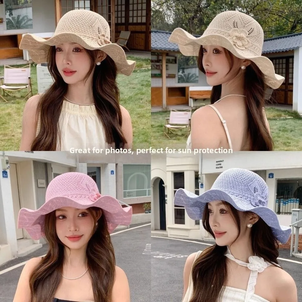 

New Sun Protection Flower Straw Hat Hollow Breathable Basin Cap Sunshade Fisherman Cap For Outdoor Travel Beach