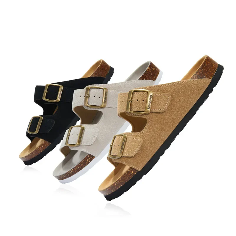 2024 New Summer Women Cork Slipper Casual Beach Double Buckle Non-slip Outside Nubuck Leather Slip on Slides Shoe