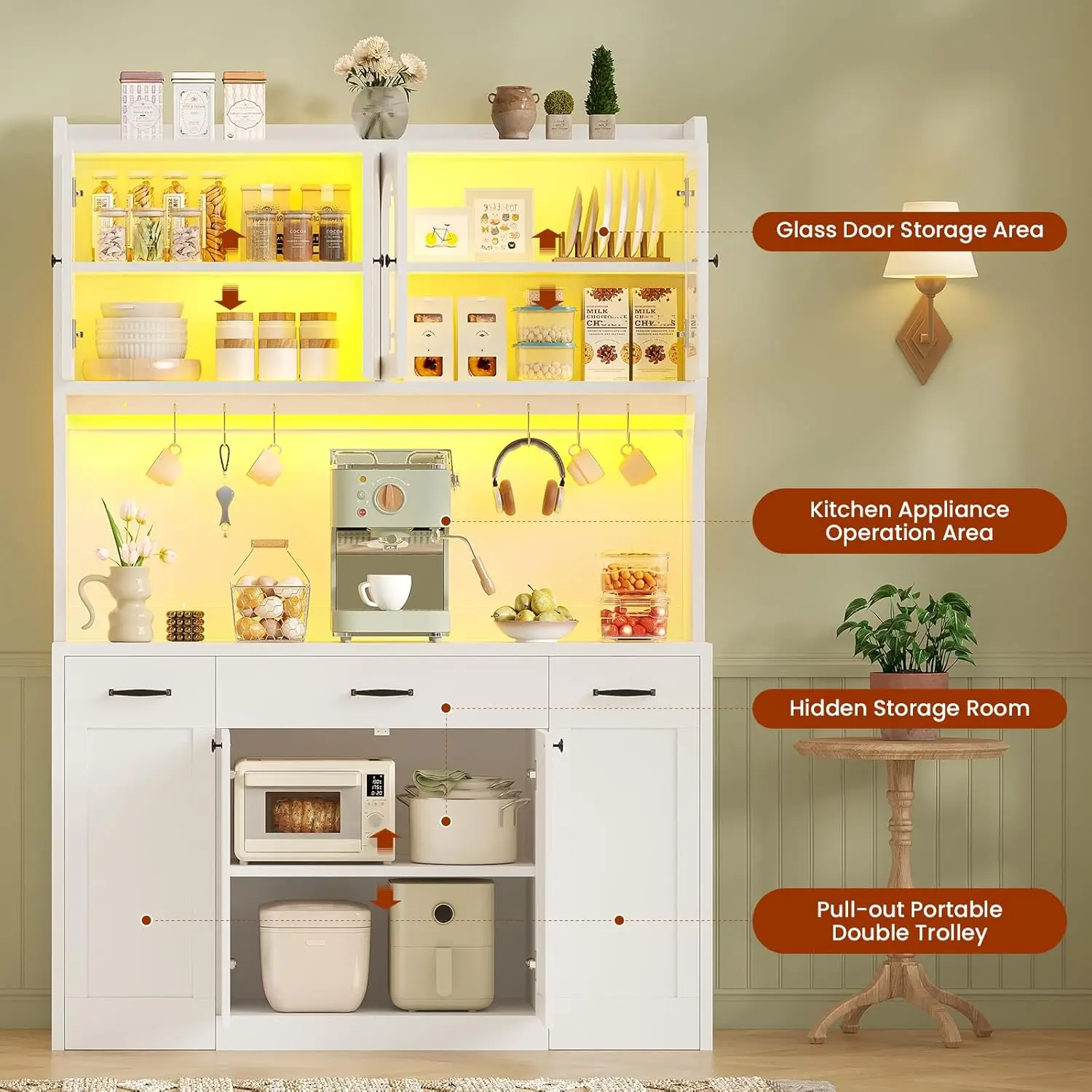 Высокий кухонный шкаф для кладовой 73,7 дюйма со шкивом, подставкой для микроволновой печи и винными полками, стеклянными дверцами, ящиками для хранения в гостиной (4 Doo