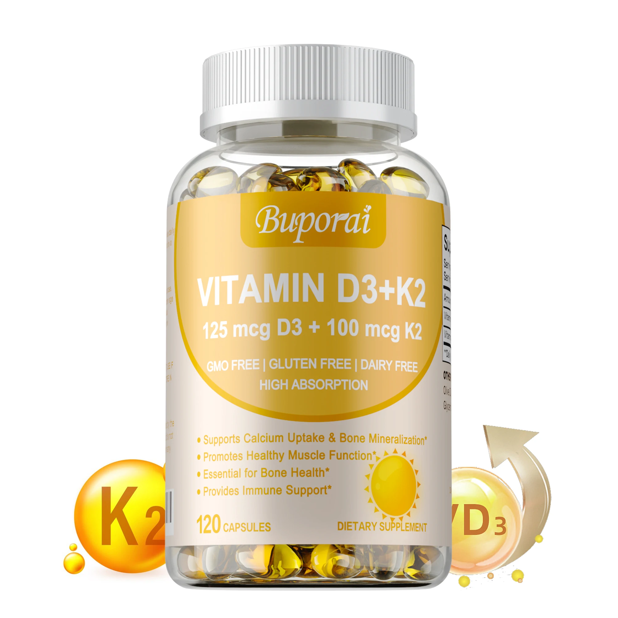 

Добавка с витамином D3+K2 — способствует кровообращения, впитыванию кальциям, поддерживает здоровье зубов, костей, сердца и суставов, без GMO