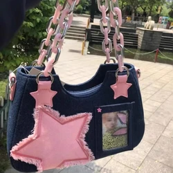 Y2k Fashion Women's Handbags Stars Pattern Cool Girls Underarm Bag Fashion Canvas Female Small Shoulder Bags Chain Tote Purses