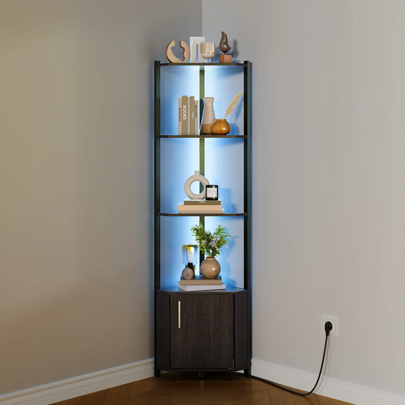 5-Tier LED Corner Shelf - Modern Metal & Wood Organizer with Adjustable Lighting - Space-Saving Wall Mounted Storage Rack for Living Room, Kitchen, Bedroom, Office - Sturdy, Easy Assembly - White