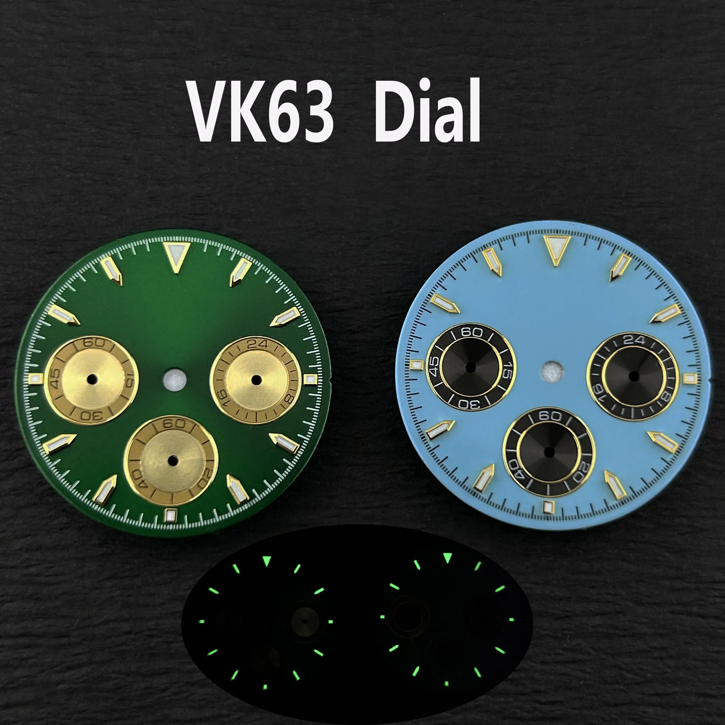 New VK63 dial man's dial custom logo panda dial 29mm green luminous dial, suitable for VK63 quartz movement watch accessories