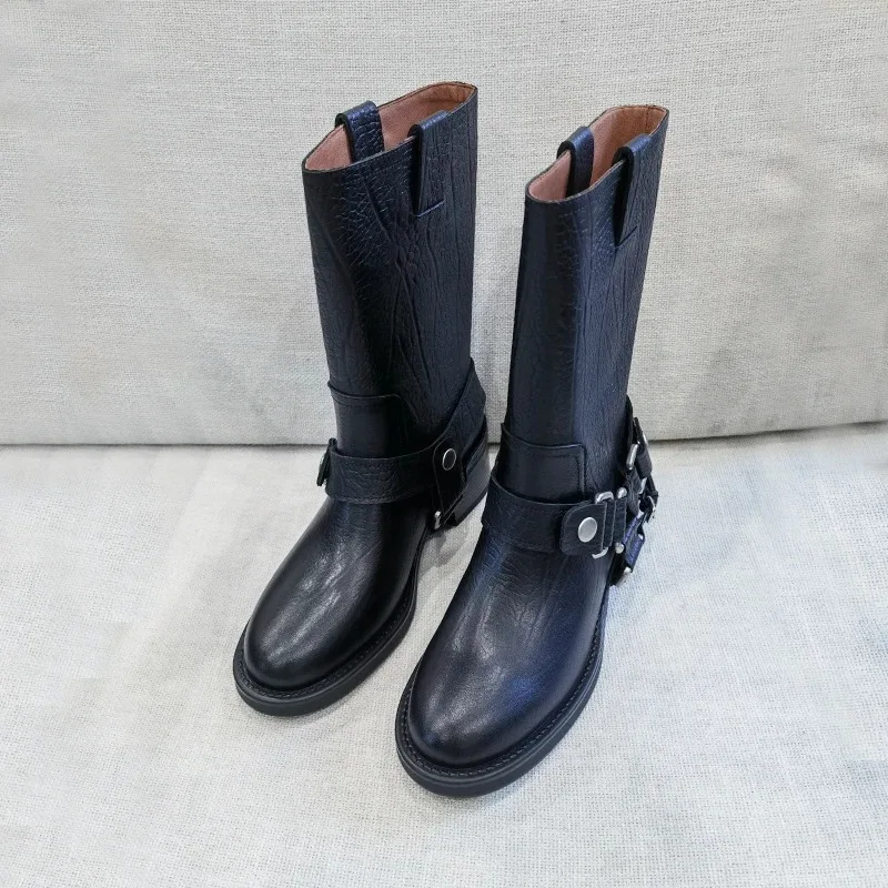 2026 Winter Women Shoes Genuine Leather Mid Calf Boots Round Toe Fashion Thick Heels Shoes Winter Retro Buckle Platform Boots view 2