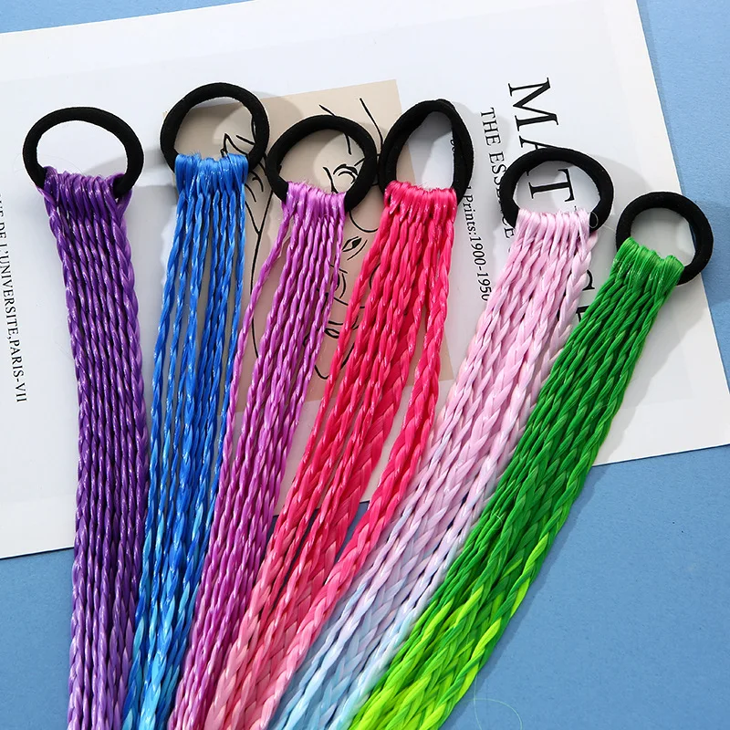 Extensiones de Cabello sintético con trenzas coloridas, coletas trenzadas de arcoíris con bandas de goma, accesorios para el cabello para niños y