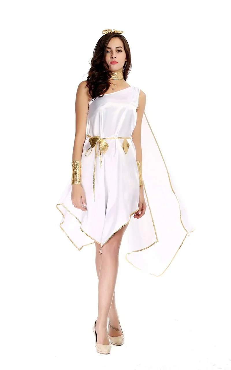 Halloween Sexy Lady Ancient Greek Goddess Athena Costume Asymmetrical Egyptian Robe Roman Grecian Princess Cosplay Dress